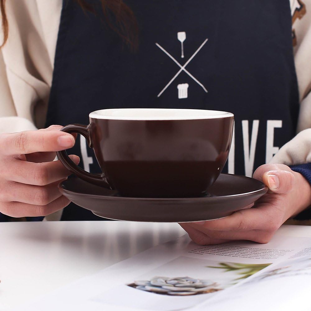 Latte Art Cup and Saucer, Latte & Cappuccino Mate for Coffee Shop and Barista (Matte Brown, 10.5 oz)