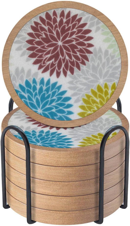 Wood Coasters Set of 6 with Holder, Cewiru Cup Mat for Drinks, Absorbent Coasters with Felt Insert for Coffee Table Protection, Modern Style Home Dining Table Decor, 4.3" Colorful