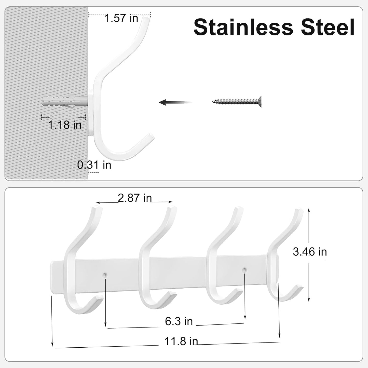 White Wall Hooks Heavy Duty, 12 Inch Coat Hooks Wall Mount with 4 Hooks, 2 Packs Wall Hooks Hangers for Entryway, Bathroom - for Hanging Backpack, Bag, Coat, Purse, Hat, Towel, Clothes