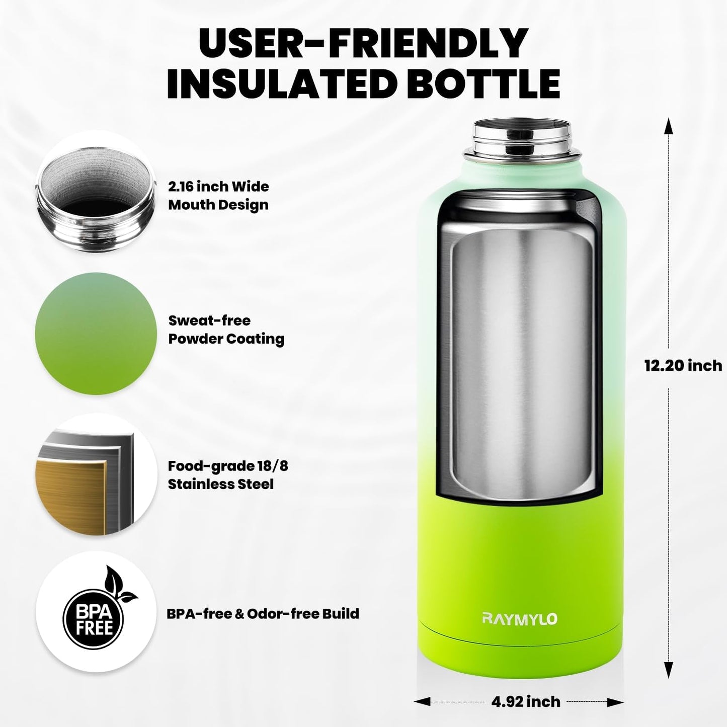 Insulated Water Bottle 87 oz, Triple Wall Vacuum Stainless Steel (Cold for 48 Hrs), Leak Proof & Non-BPA, Modern Water Flask Jug with Paracord Handle & Straw Spout Lids, Ombre Green