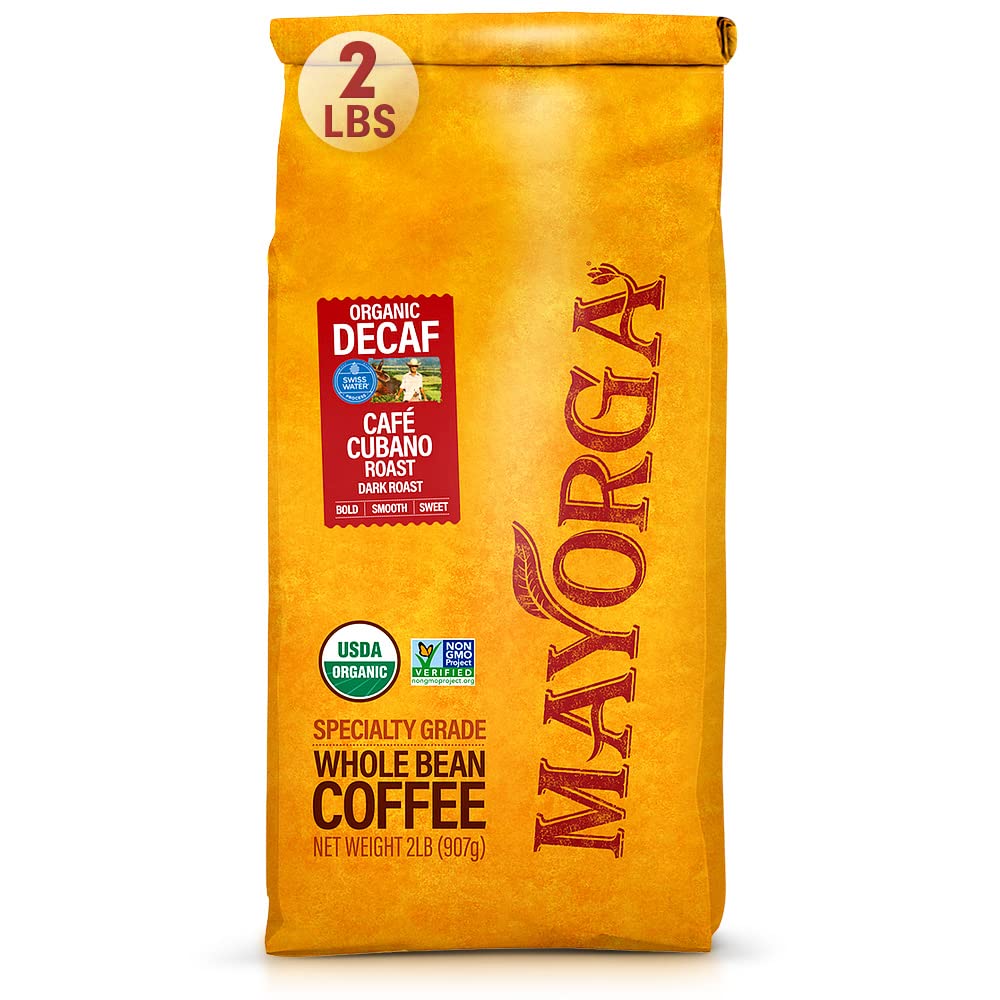 Mayorga Decaf Coffee 2lb Bag Dark Roast Organic Swiss Water Decaffeinated Cubano Roast Coffee - 100% Arabica Whole Coffee Beans - Smoothest Organic CoffeeSpecialty Grade, Non-GMO, Direct Trade