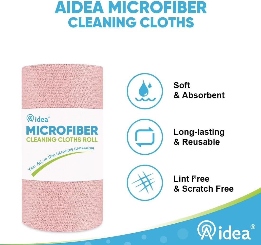 AIDEA Microfiber Cleaning Cloth Roll, 55 Sheets, Pink Towel, Microfiber Towels for Cars, Reusable Paper Towels, Shop Rags Washable, Cleaning Rags for Automotive, House, Kitchen, Cleaning Supplies11×9"