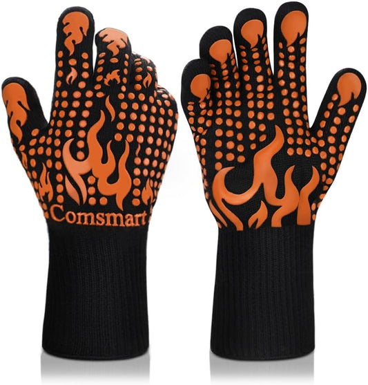 Comsmart BBQ Gloves, 1472°F Heat Resistant Grilling Gloves Silicone Non-Slip Oven Gloves Long Kitchen Gloves for Barbecue, Cooking, Baking, Short, Orange
