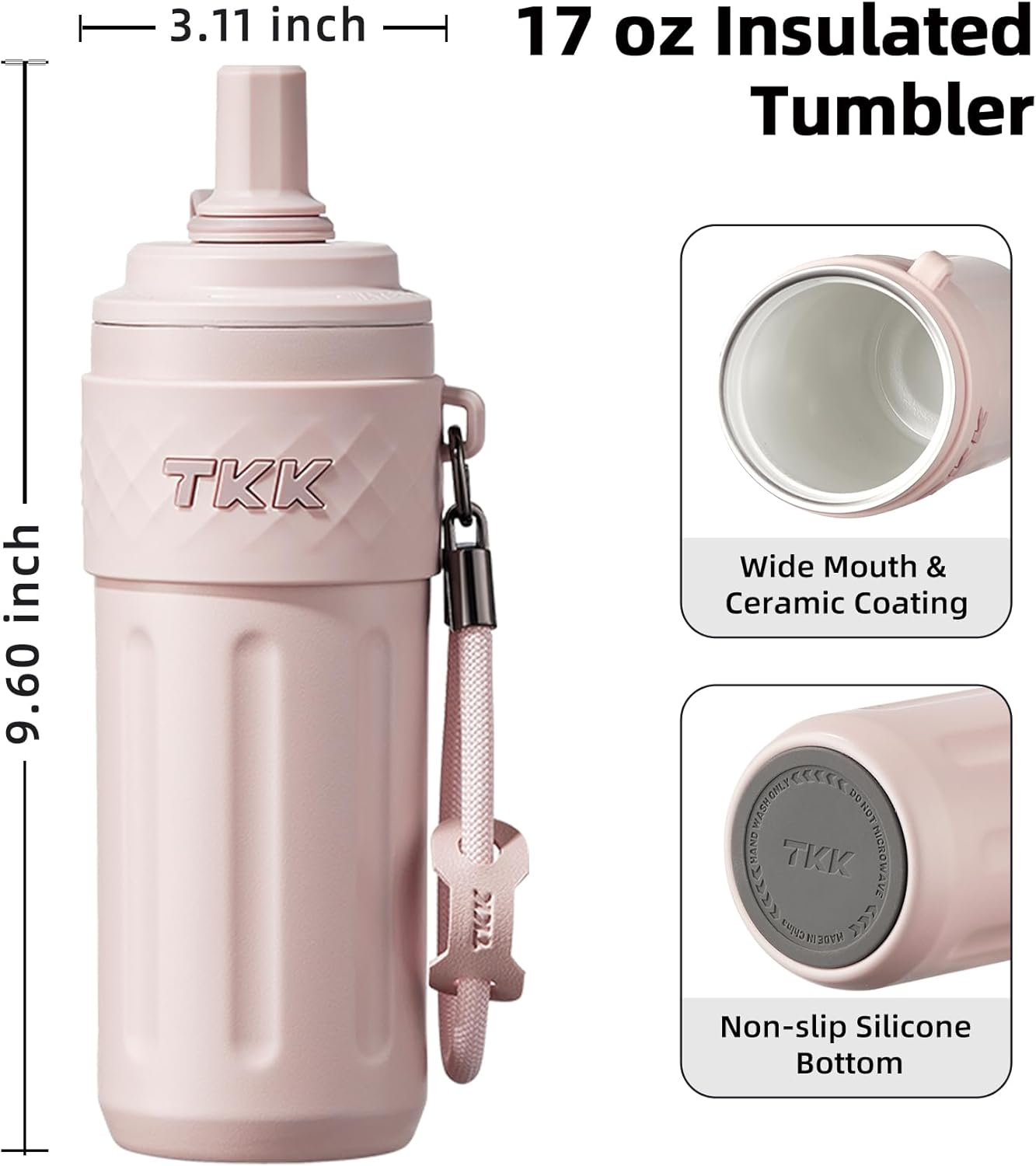 TKK 17 OZ Travel Tumbler Ceramic Lining with Straw Lid, Stainless Steel Vacuum Insulated Double Wall Coffee Tumbler, Leak Proof Iced Water Bottle with Carry Strap for Hot & Cold Drinks, Pink