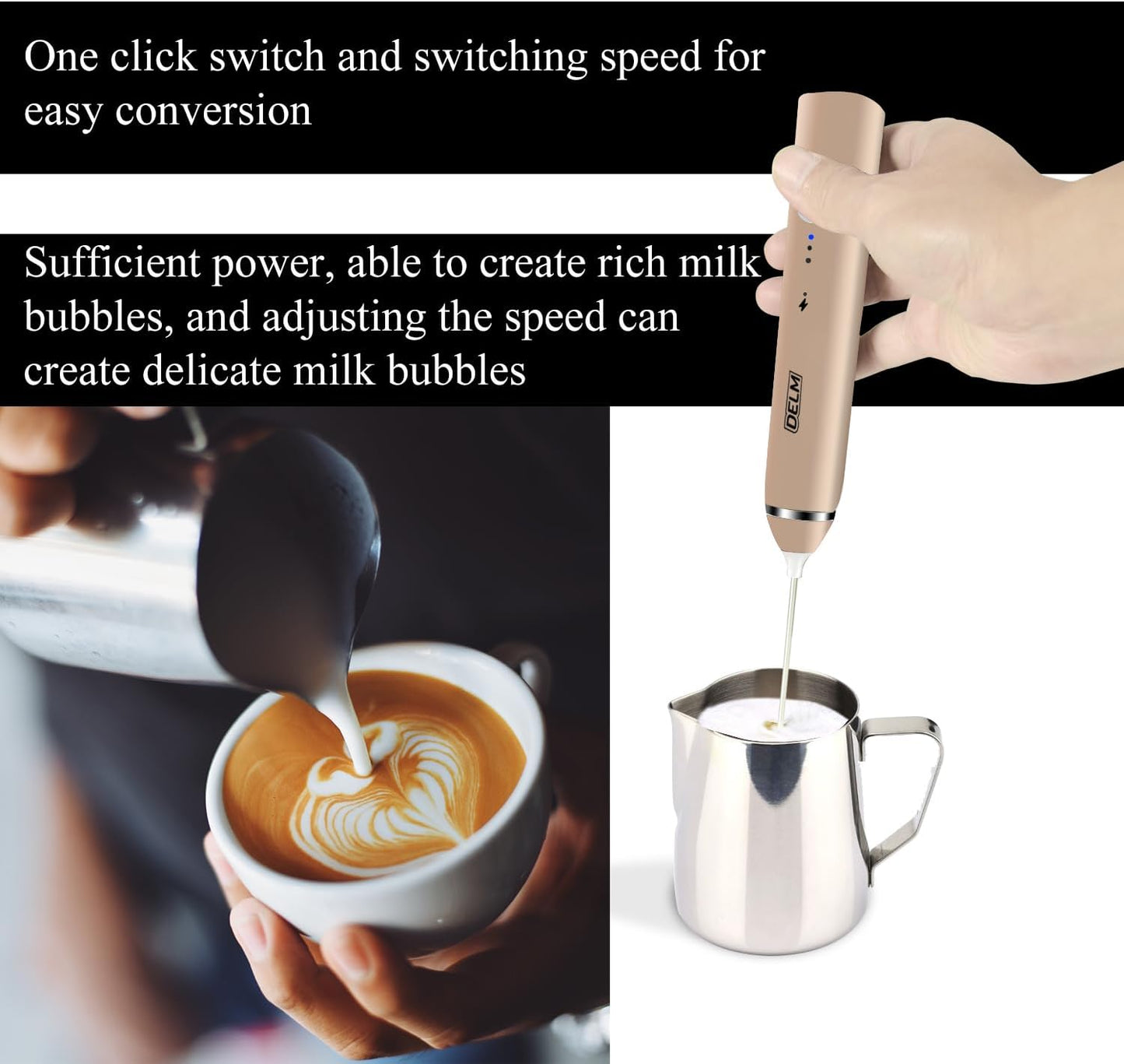 Delm Milk Frother Electric USB Stainless Steel Accessory - Frother Wand Foam Maker for Lattes - Milk Frother Handheld for Cappuccino, Frappe, Matcha, Hot Chocolate - Frother for Coffee (beige/gold)