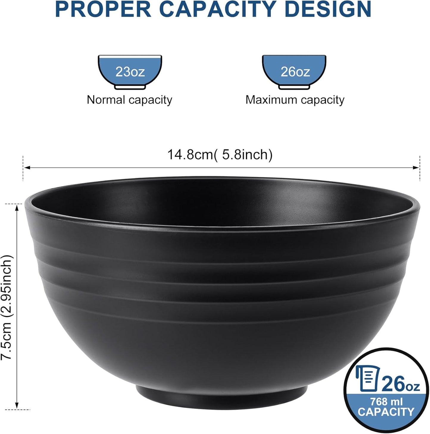 HOTEC BPA Free Unbreakable Wheat Straw Cereal Bowls - Microwave & Dishwasher Safe Soup and Salad Bowls, Set of 8, 26oz, Black