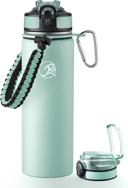 GOSWAG Insulated Sports Water Bottle, 24oz 2 Lids(with Straw/No Straw), Stainless Steel Water Bottles with Paracord Handle, Insulated Bottle with Double-Wall Vacuum Insulation
