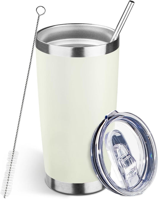 20oz Tumbler Bulk with Lid and Straw, Stainless Steel Double Wall Vacuum Insulated Travel Mug, Powder Coated Coffee Cups for Hot and Cold Drinks,Funny Gifts for Women Men(Cream-coloured,1)