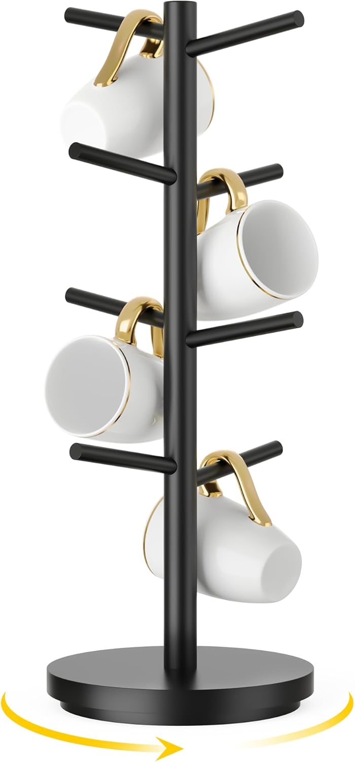 Wisuce Coffee Mug Holder Tree Upgraded 360Rotated Cup Holder for Counter Black Wood Cup Tree Mug Rack Organizer Stand with 8 Hooks for Kitchen Coffee Bar Accessories