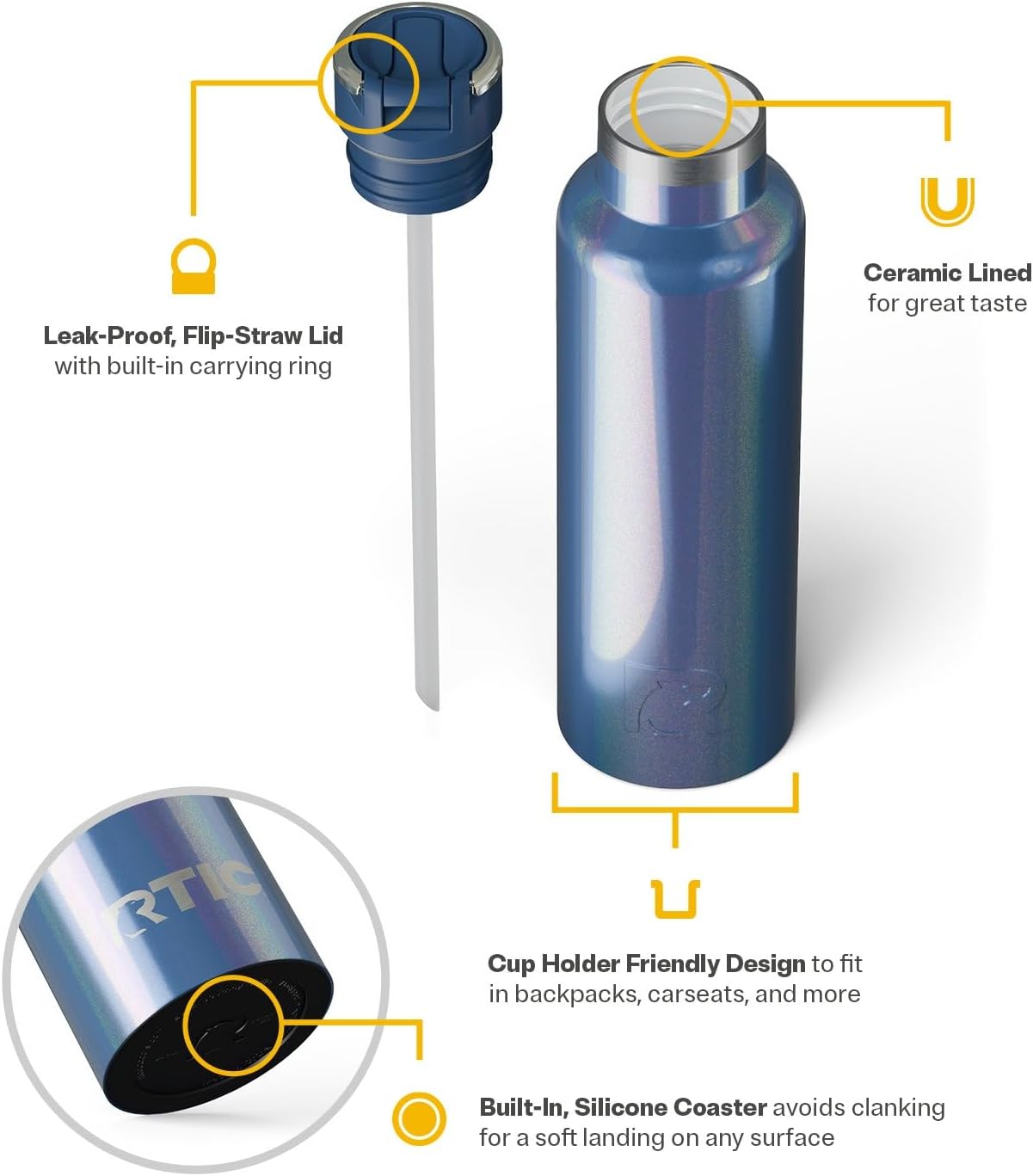 RTIC 20oz Journey Bottle Metal Stainless Steel Vacuum Insulated, BPA Free, Reusable, for Water, Hot and Cold Drinks, Travel, Sports, Camping, Pond Glitter