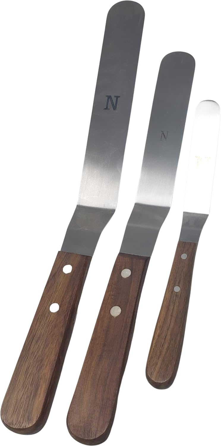 Offset Stainless Steel Spatula Set with Wood Handles and Storage/Gift Bag - Professional Cake Decorating Tools - 4", 6.5" & 8" Stainless Steel Offset Blade Cake Spatula Set