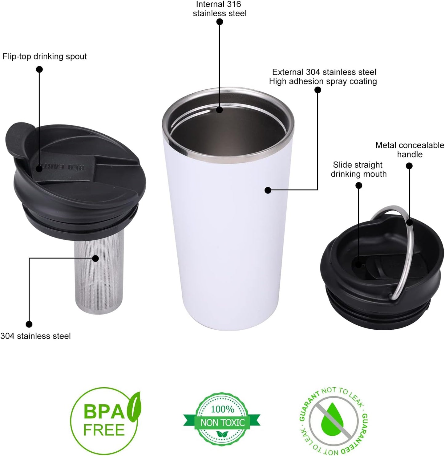 GiNT 17oz Travel Mug with Infuser and Two Lids. Vacuum Insulated 316 Stainless Steel Coffee Mug. Dishwasher Safe Mug with Tea Strainer for Hot and Cold Brew Coffee or Tea(White)