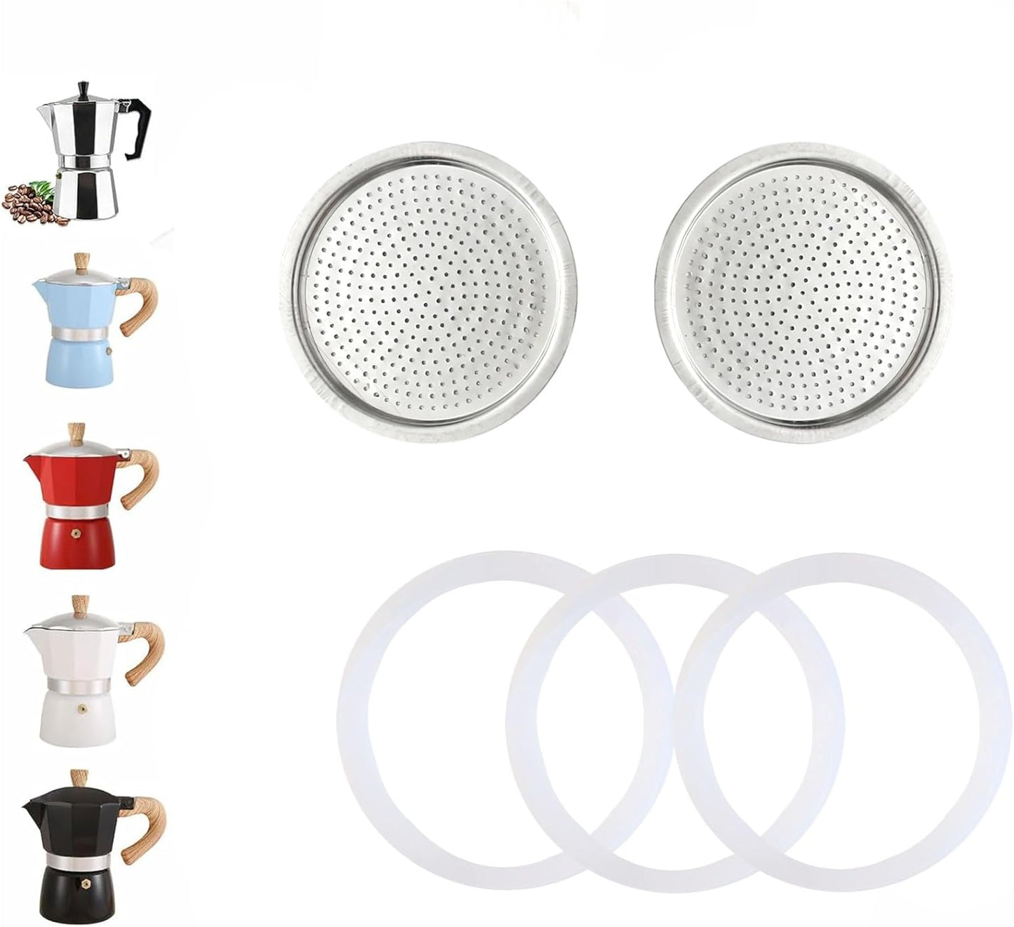 2 Pcs Filter with 3 Pcs Silicone Gasket Seals for 6 Cup Stovetop Espresso Coffee Maker Replacement Parts for DITOSH Aluminium Moka Pot