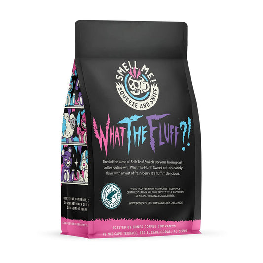Bones Coffee Company What the Fluff?! Berry Cotton Candy Flavored Coffee, Medium Roast Low Acid Arabica Beans Compatible with Auto drip and French Press Coffee Maker, 12 Oz Ground