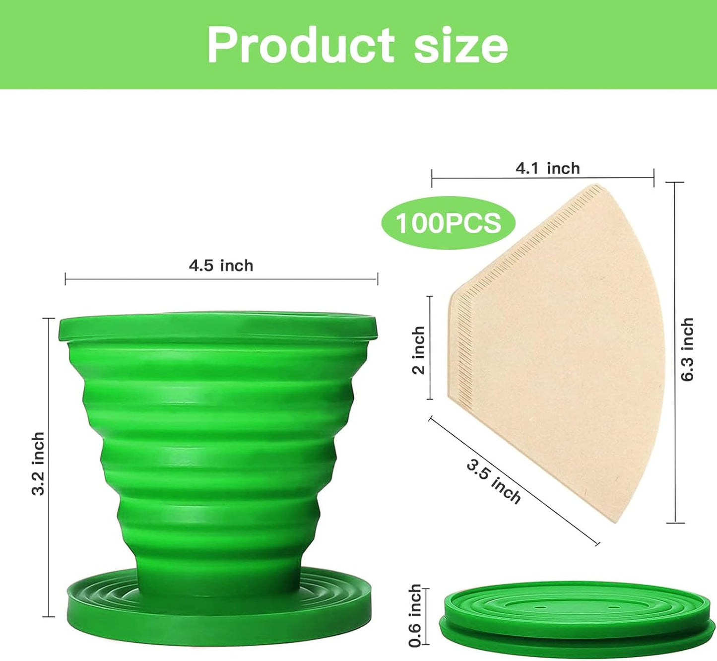 Collapsible Pour Over Coffee Dripper Set - Silicone Reusable Cone Filter Holders with 100Pcs Paper Filters - For Home, Camping, Travel, Office (1, Green)