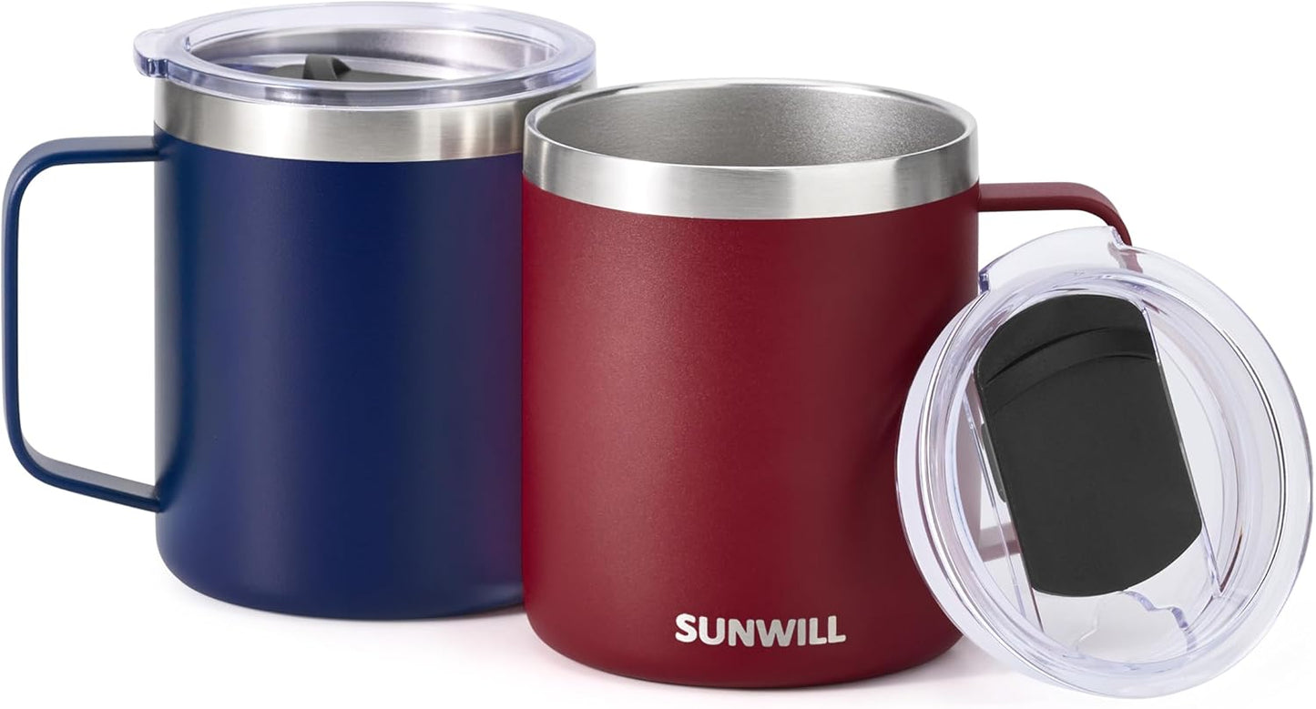 SUNWILL Travel Coffee Mug Set of 2, Insulated Tumbler with Lid, 14 oz Stainless Steel Cup with Handle for Camping, Office, Home, Powder Coated Navy Blue & Wine Red