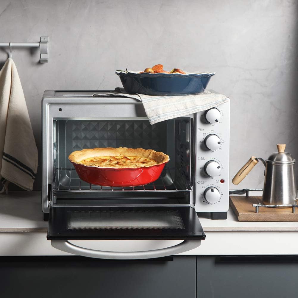 Sweejar Ceramic Pie Pan - 10 Inch Round Baking Dish for Dinner, Non-Stick with Soft Wave Edge for Apple, Pumpkin, Pot Pies (Red)