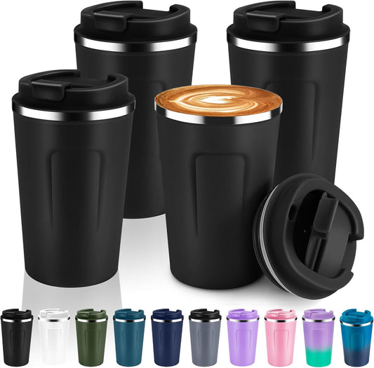 Volhoply 12 oz Double Wall Insulated Vacuum Travel Coffee Mug with Flip Lid Bulk 4 Pack,Reusable Stainless Steel Leak Proof Coffee Cups,Portable Cafe Thermal Tumbler for Hot & Cold Drinks(Black,4 Set)