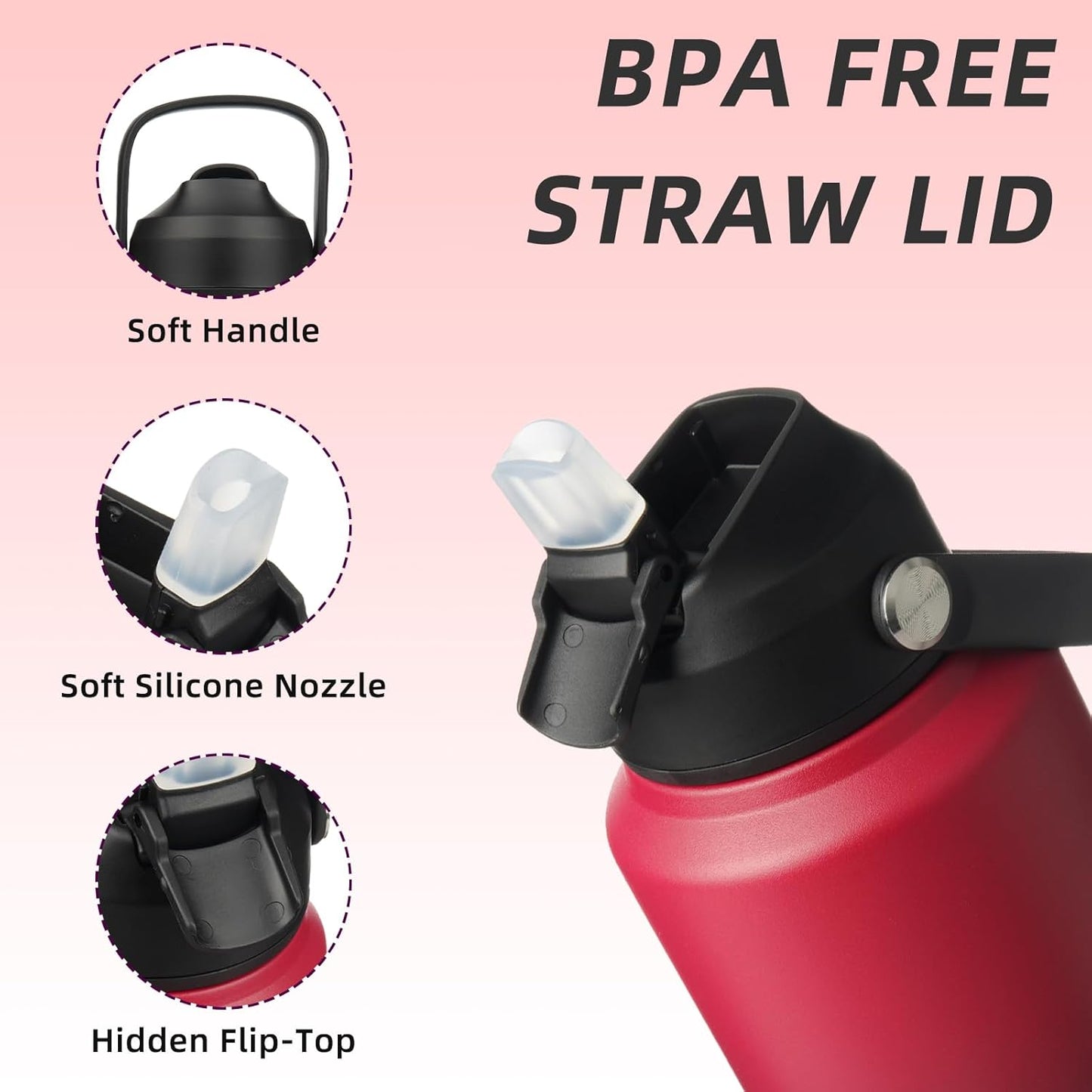 BJPKPK Water Bottle with Straw Lid, 32oz Vacuum Insulated Water Bottles, Metal Stainless Steel Thermos for Sports, Travel, BPA Free Leak Proof Thermos, Cups, Flasks, Tumblers,Charming Red