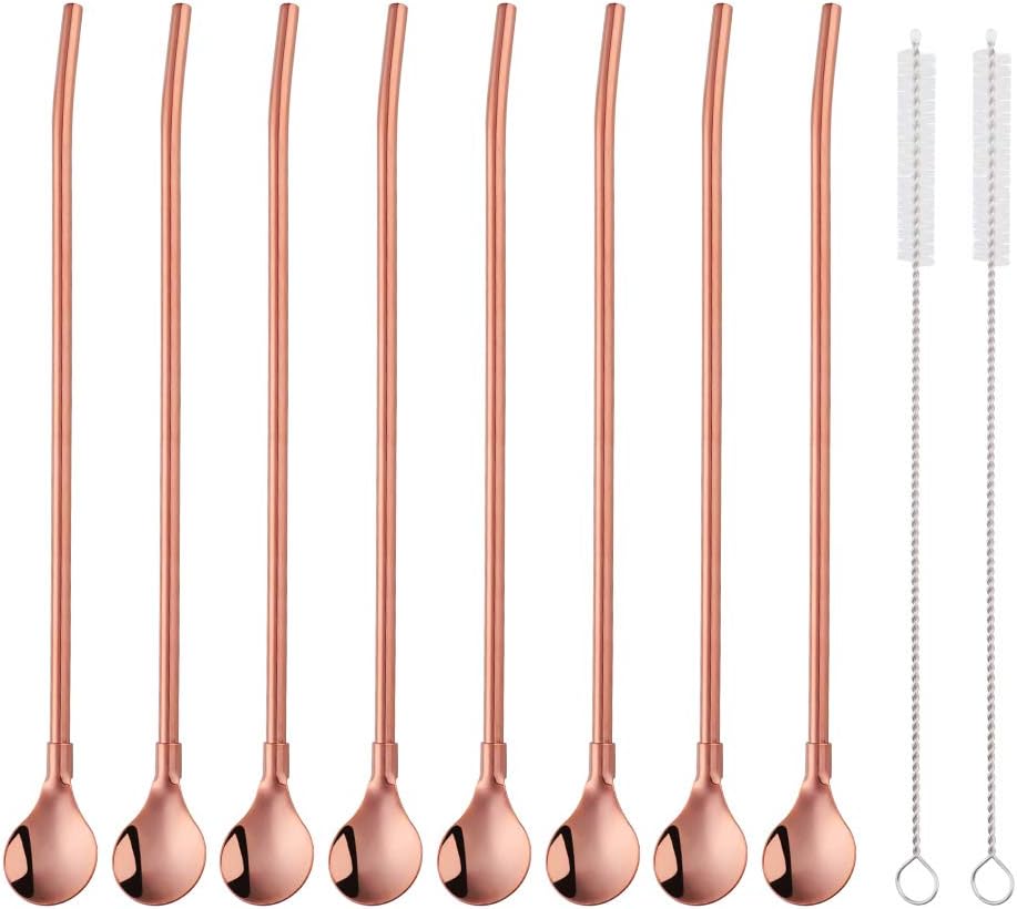 AmazonBasics 8PC 8.5Inch Stainless Steel Rose Gold Reusable Metal Straws + 2 Brushes