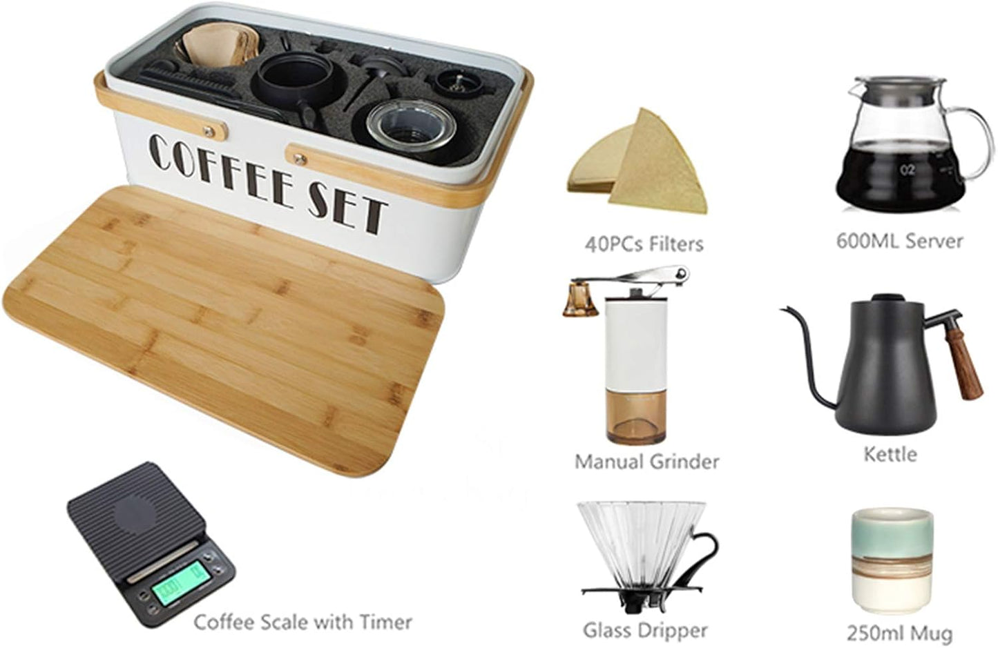 Pour Over Coffee Maker Set Coffee Kettle Scale Server Dripping Cup Bean Grinder Filter Paper Ceramic Cup ALL in 1 Great Portable Metal Box for Traveling Excellent Coffee Gift