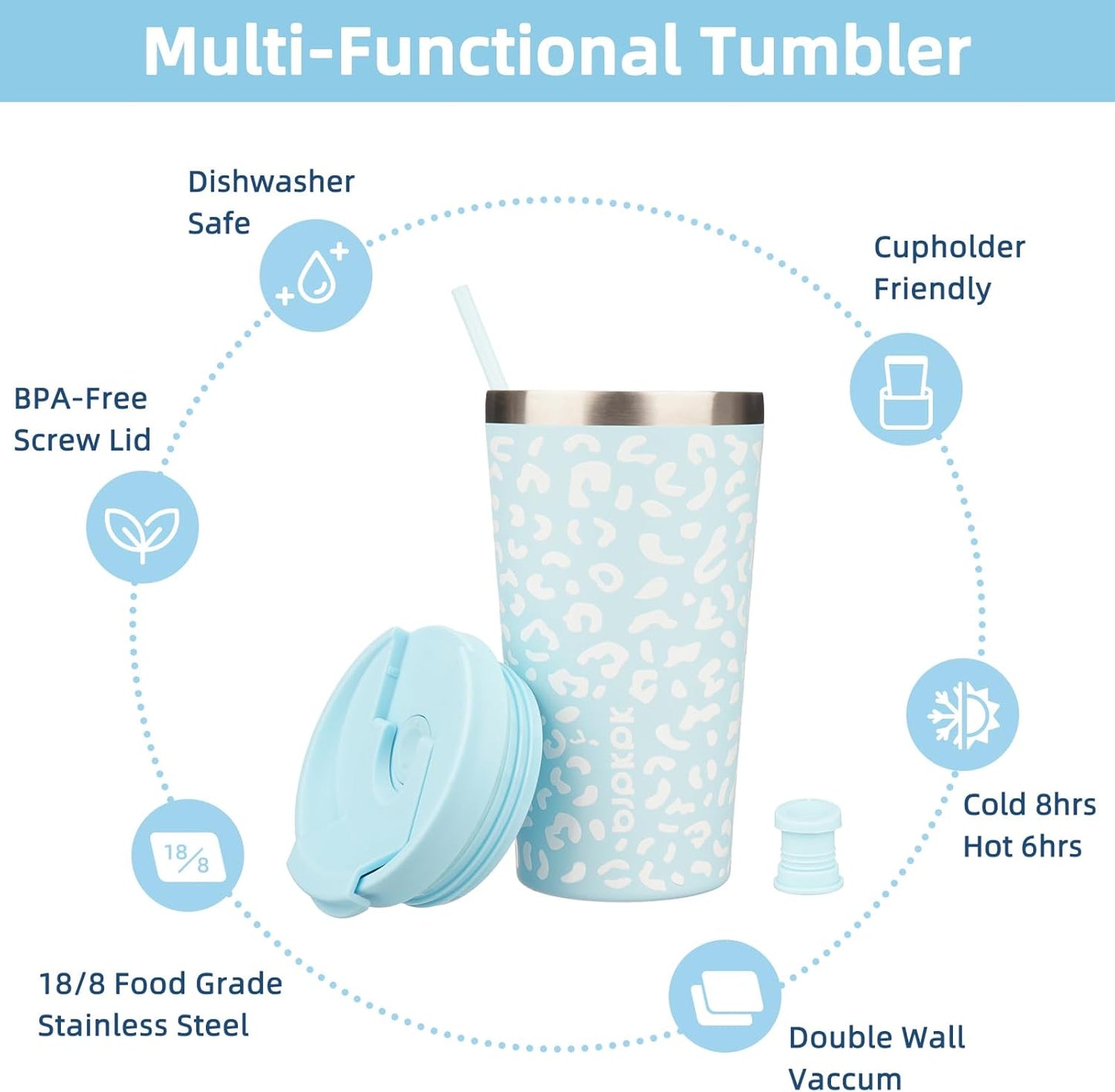 BJPKPK 18oz Tumbler With lid And Straw Stainless Steel Travel Coffee Mug Insulated Tumblers Cups,Light Blue Leopard