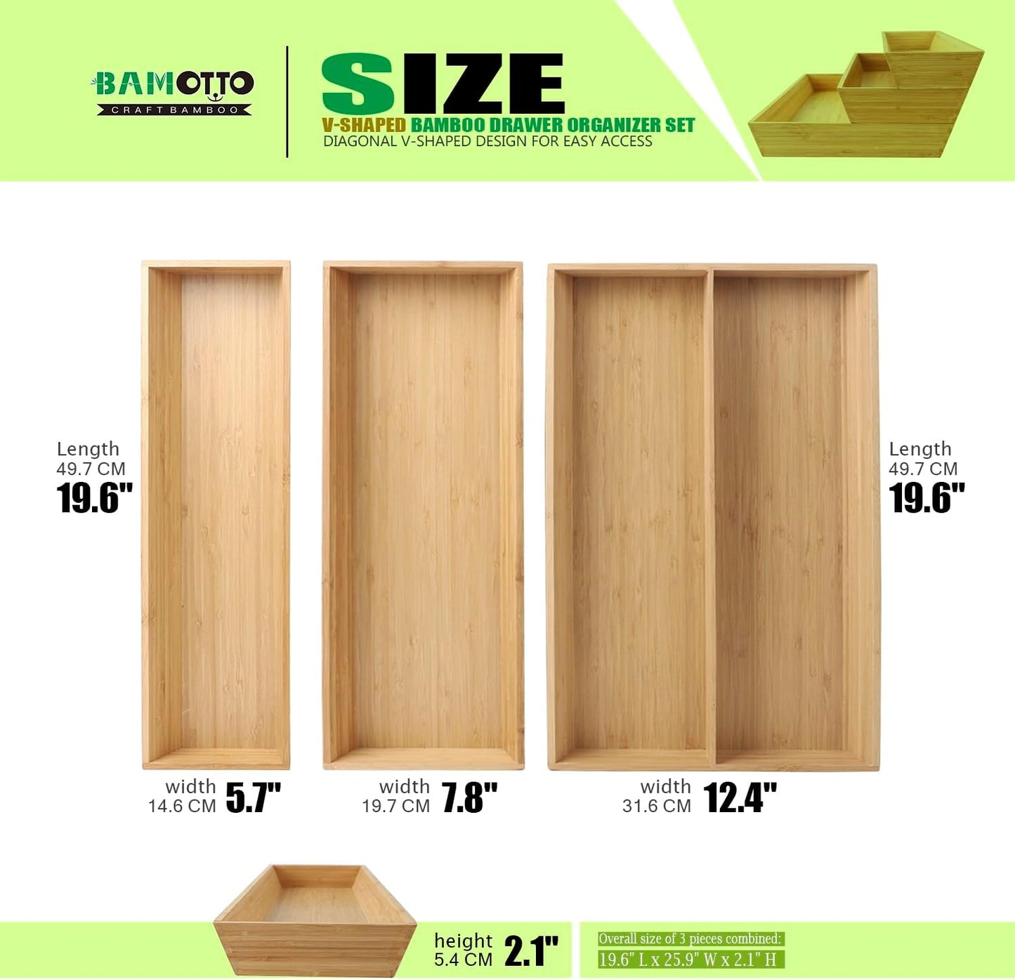 V-Shaped Bamboo Drawer Organizer Set of 3, Kitchen Large and Long Utensil Plate, Flatware & Silverware Storage Box, Wood Drawer Organizer for Bedroom, Living Room (19.6"x5.7" & 7.8" & 12.4")