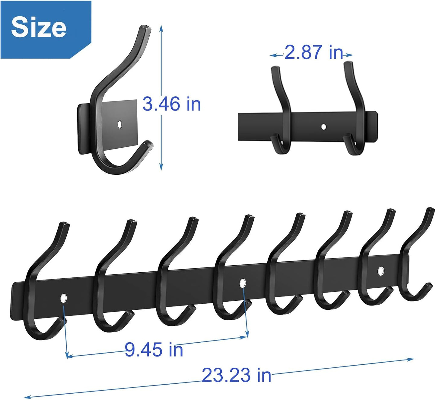 Wall Hooks Heavy Duty, 23 Inch Coat Rack Wall Mount with 8 Hooks, Black Wall Hooks for Hanging Backpack, Bag, Purse, Clothes, Hat, Coat, Towel | Entryway & Bathroom Storage Organization Hanger