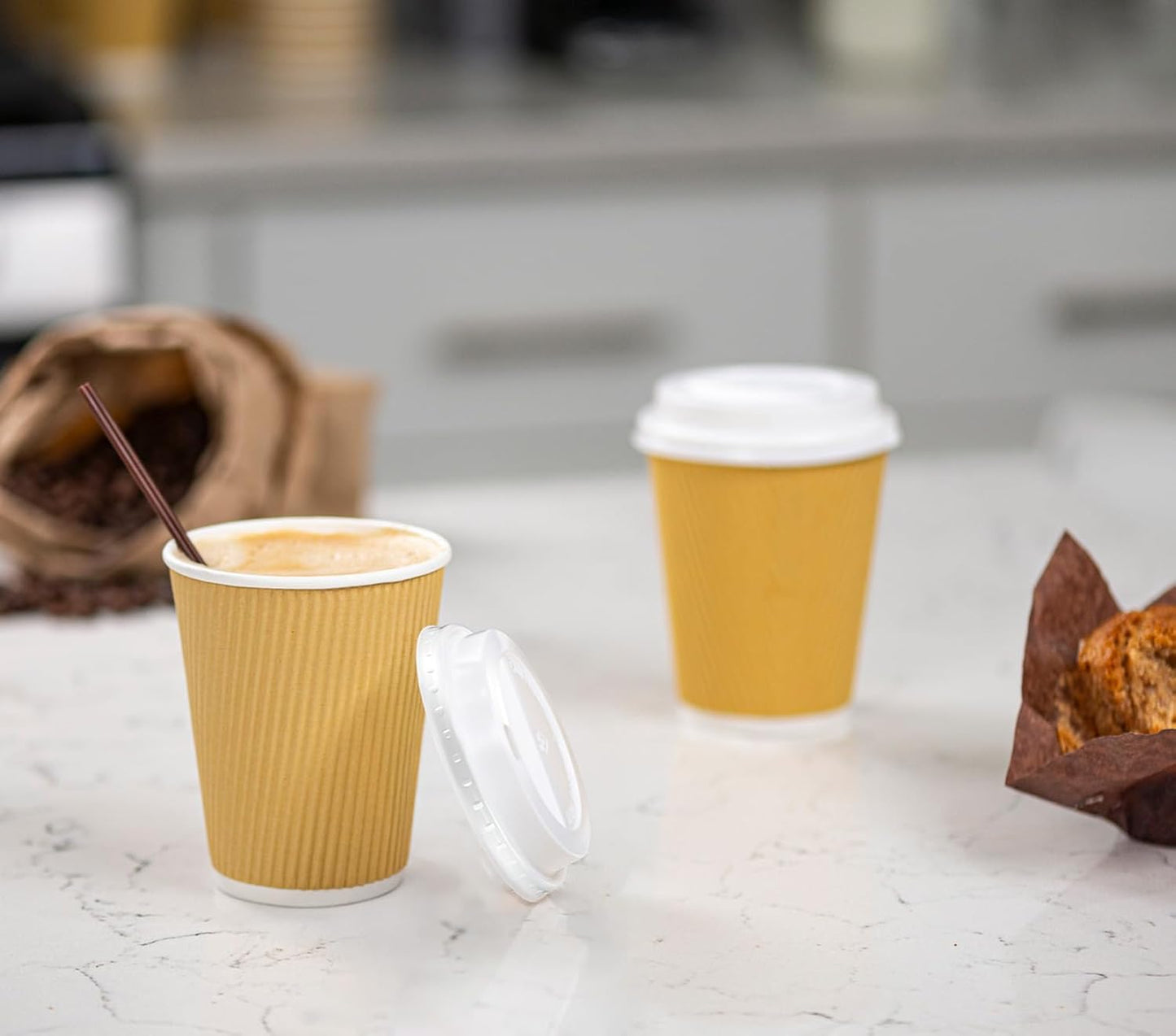 GUSTO [12 oz. - 100 Count Insulated Kraft Ripple Paper Hot Cups, Disposable Coffee Cups With Lids - Ideal for Hot Beverages, Travel, and Office Use (Formerly Comfy Package)