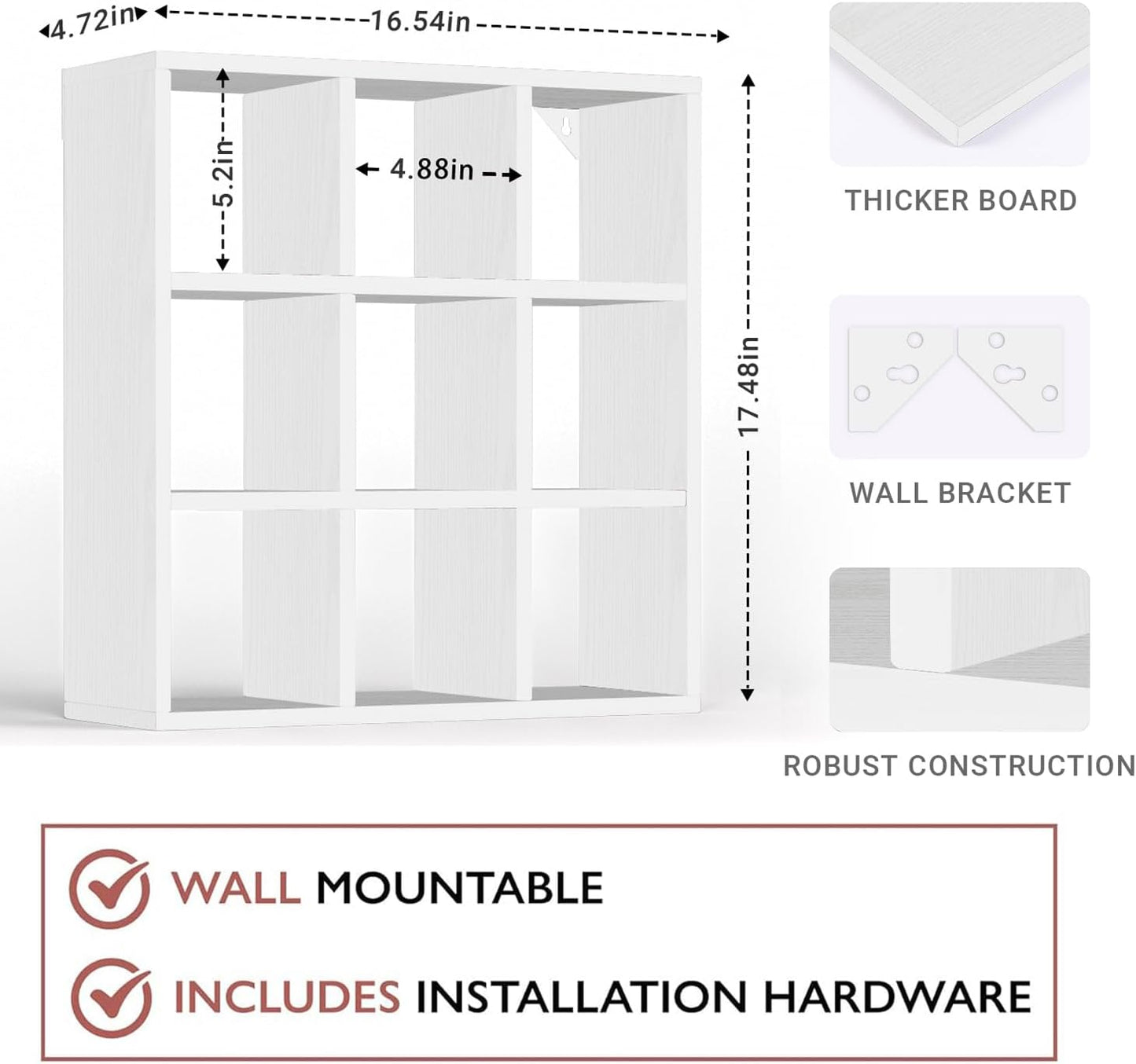 Helsin 9 Grid Vintage Coffee Mug Display Rack, 16inch Wall Mounted Wooden Curio Shadow Box Shelf, Cup Floating Shelves Display and Organizer (White)