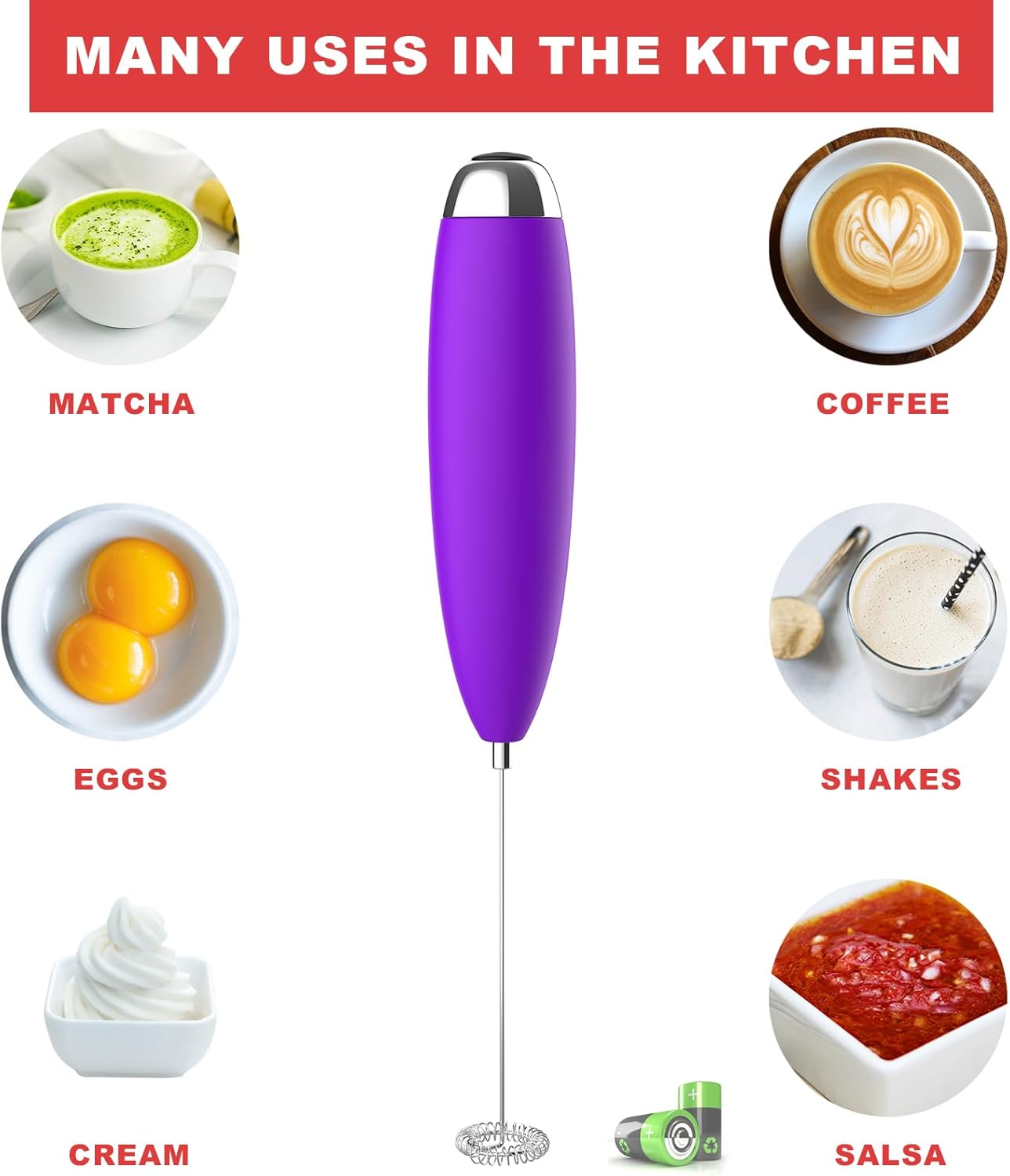 Frother Handheld for Coffee, Milk Frother Upgraded Matcha Whisk Drink Mixer Electric Mini Whisk Hand Mini Foamer Coffee Mixer for Lattes Cappuccino Frappe Matcha Hot Chocolate, Violet