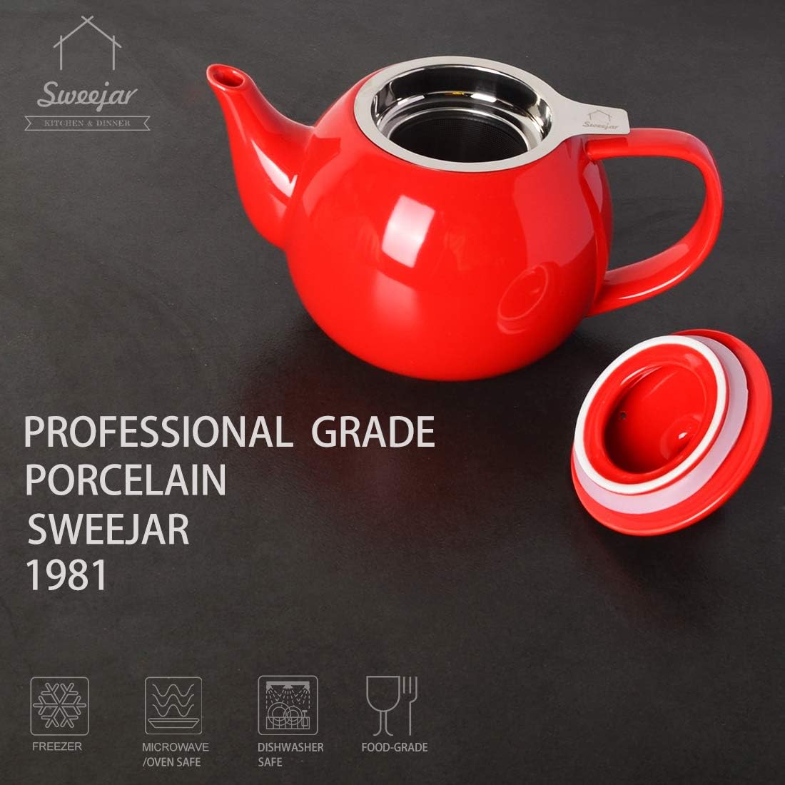 Sweejar Porcelain Teapot with Removable Stainless Steel Infuser,Microwave & Dishwasher Safe Tea Pots for Loose Tea,Tea Infuser Pots for Chrismas Women Gift (30oz Red)