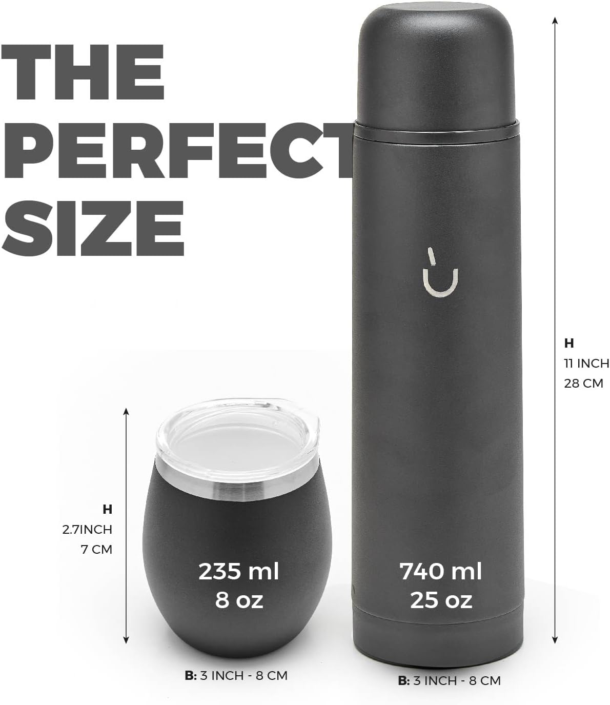 BALIBETOV Complete Yerba Mate Set - Modern Mate Gourd, Thermal Flask, Bombilla and Cleaning Brush Included - All Premium Quality 304 18/8 Stainless Steel (Full Black)