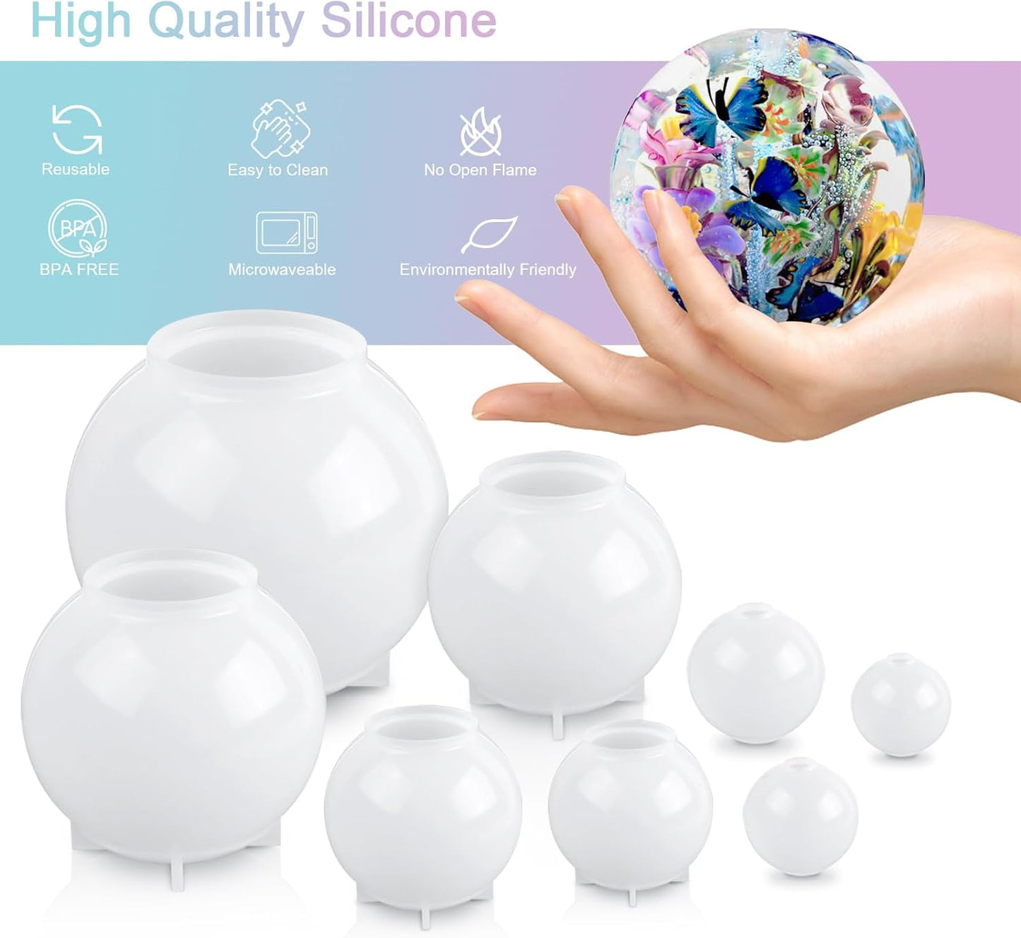 KISREL Sphere Resin Molds, 8 PCS Sphere Silicone Mold, Upgraded 3D Seamless Epoxy Molds，Large Ball Shape Flower Resin Mold for Home Decor, Flowers Preservation
