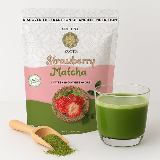 Ancient Roots Strawberry Matcha Powder 3.5 oz Japanese Green Tea with Real Strawberry Freeze Dried Fruit Powder No Added Sugar, Filled with Antioxidant Rich Superfood for Lattes, Smoothies & Baking - 25 Servings