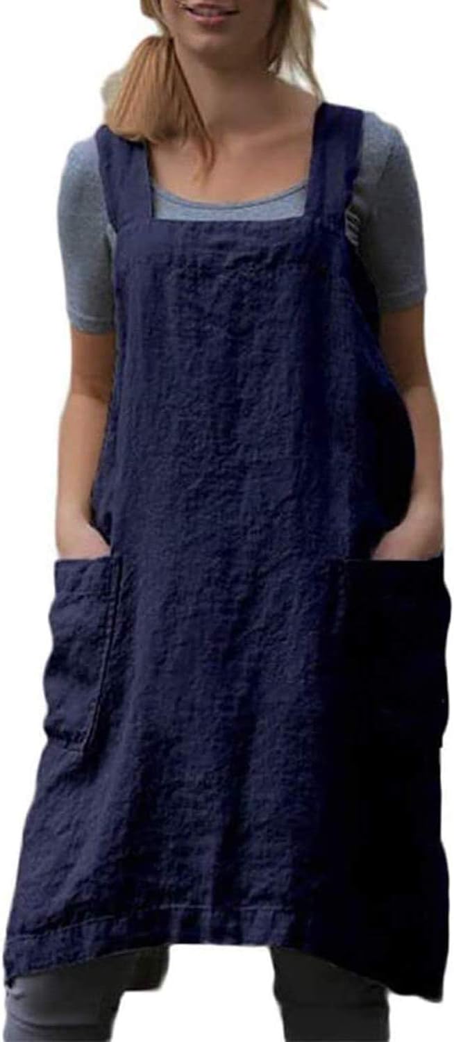 YESDOOD Cotton Linen Apron Cross Back Apron for Women with Pockets Pinafore Dress for Baking Cooking