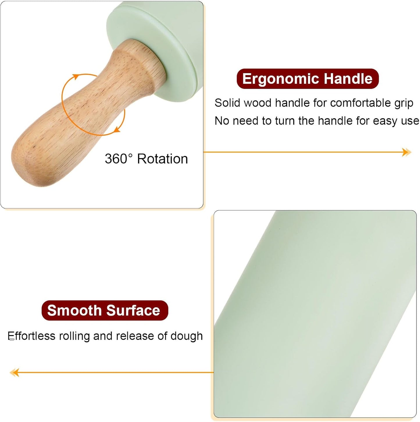 HARFINGTON Silicone Rolling Pins for Baking 9 Inch Wooden Handle Non Stick Rolling Pin Small Roller Playdough Rolling Pins for Dough Pizza Pastry Fondant Kitchen, Light Green