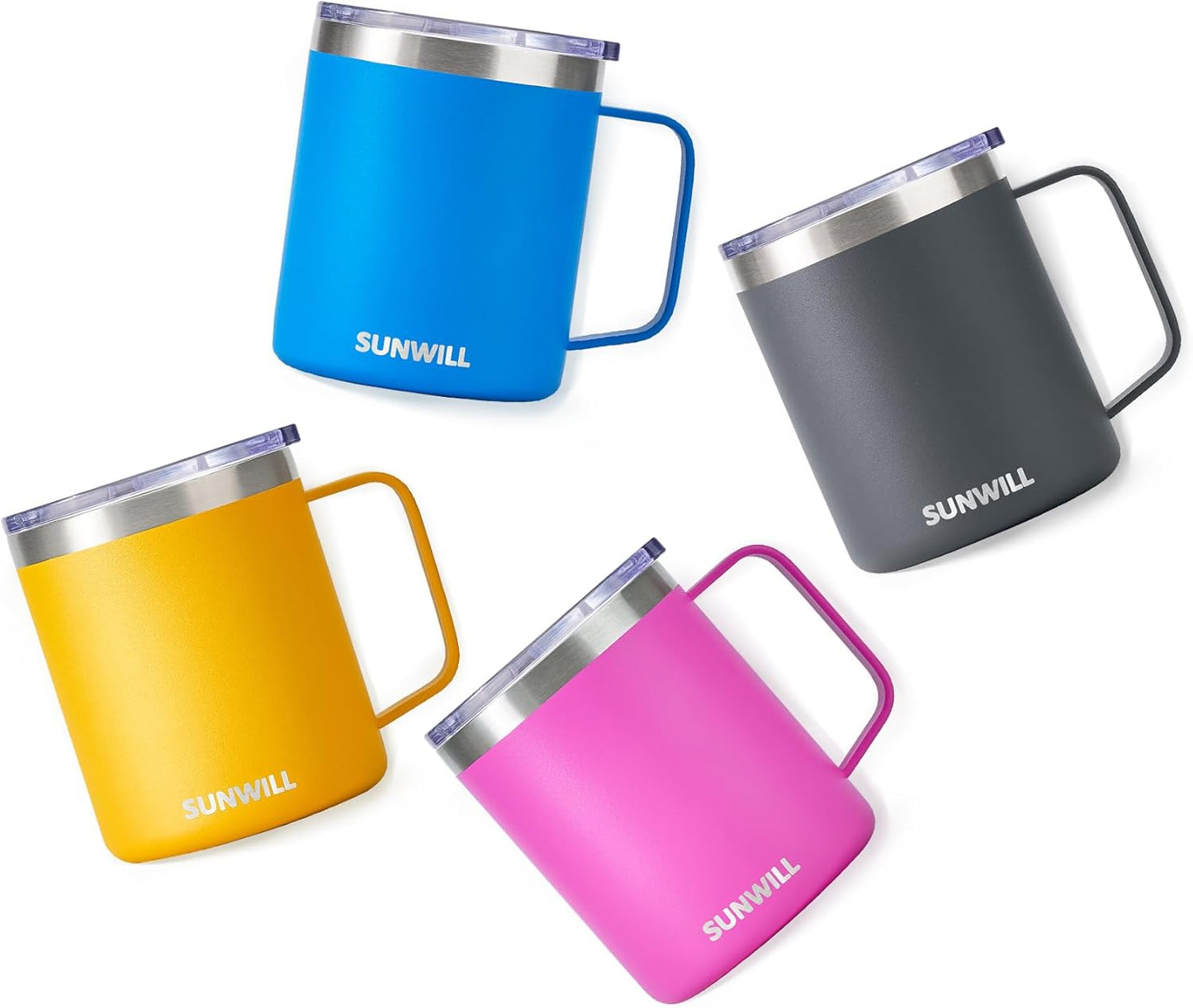 SUNWILL Travel Coffee Mugs Set of 4, Insulated Tumbler with Lid, 14oz Stainless Steel Cup with Handle Bulk for Gift, Camping, Office, Powder Coated Charcoal, Royal Blue, Magenta, Yellow