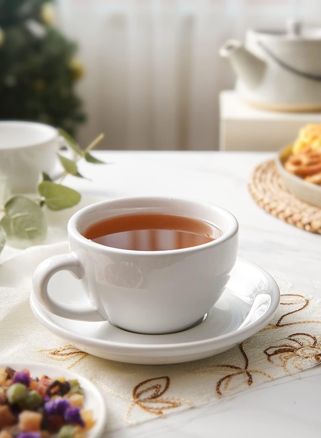 LE TAUCI 8 oz Cappuccino Cups with Saucers,Ceramic Large Coffee Cup for Au Lait, Double shot, Latte, Cafe Mocha, Tea - Set of 4, White