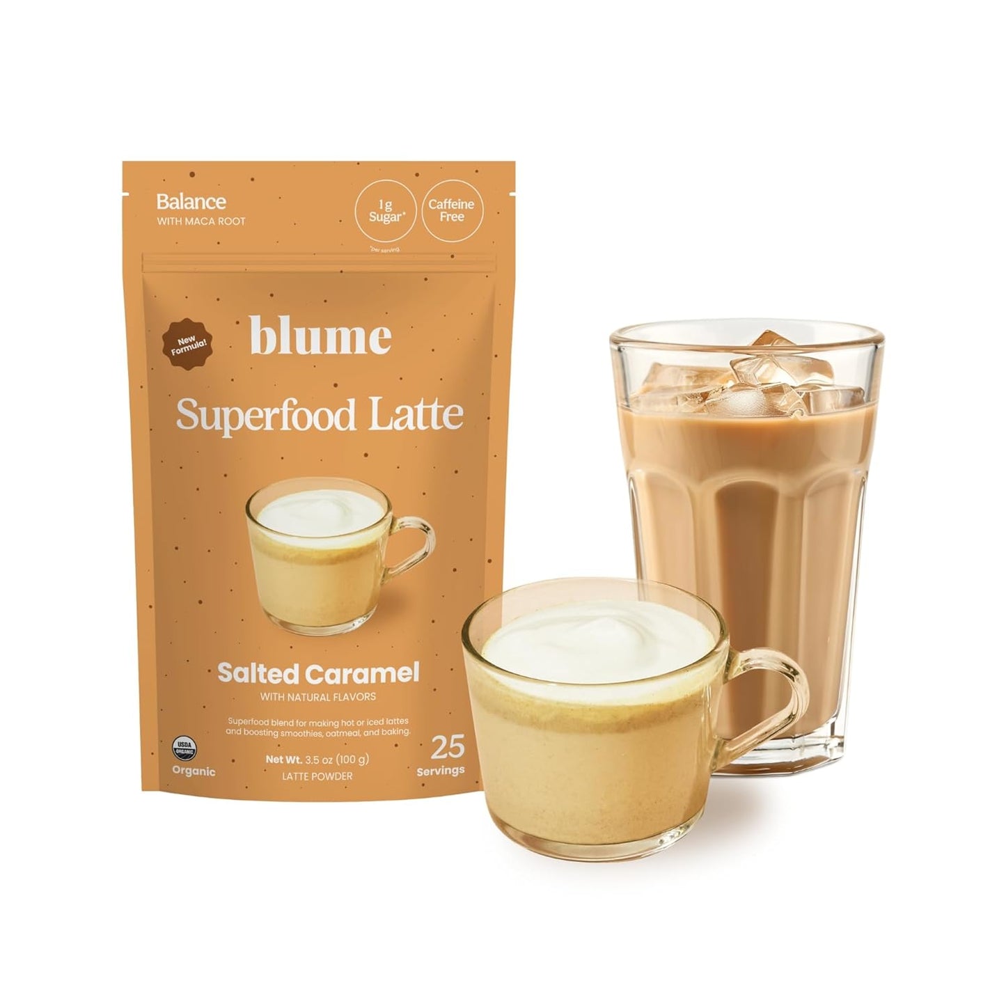 Blume Superfoods Latte - Salted Caramel Powder, Dandelion Root powder, Maca Powder, Pink Himalayan Salt, Low-Sugar, Inflammation support, Organic, Vegan And Keto Friendly - 25 Servings