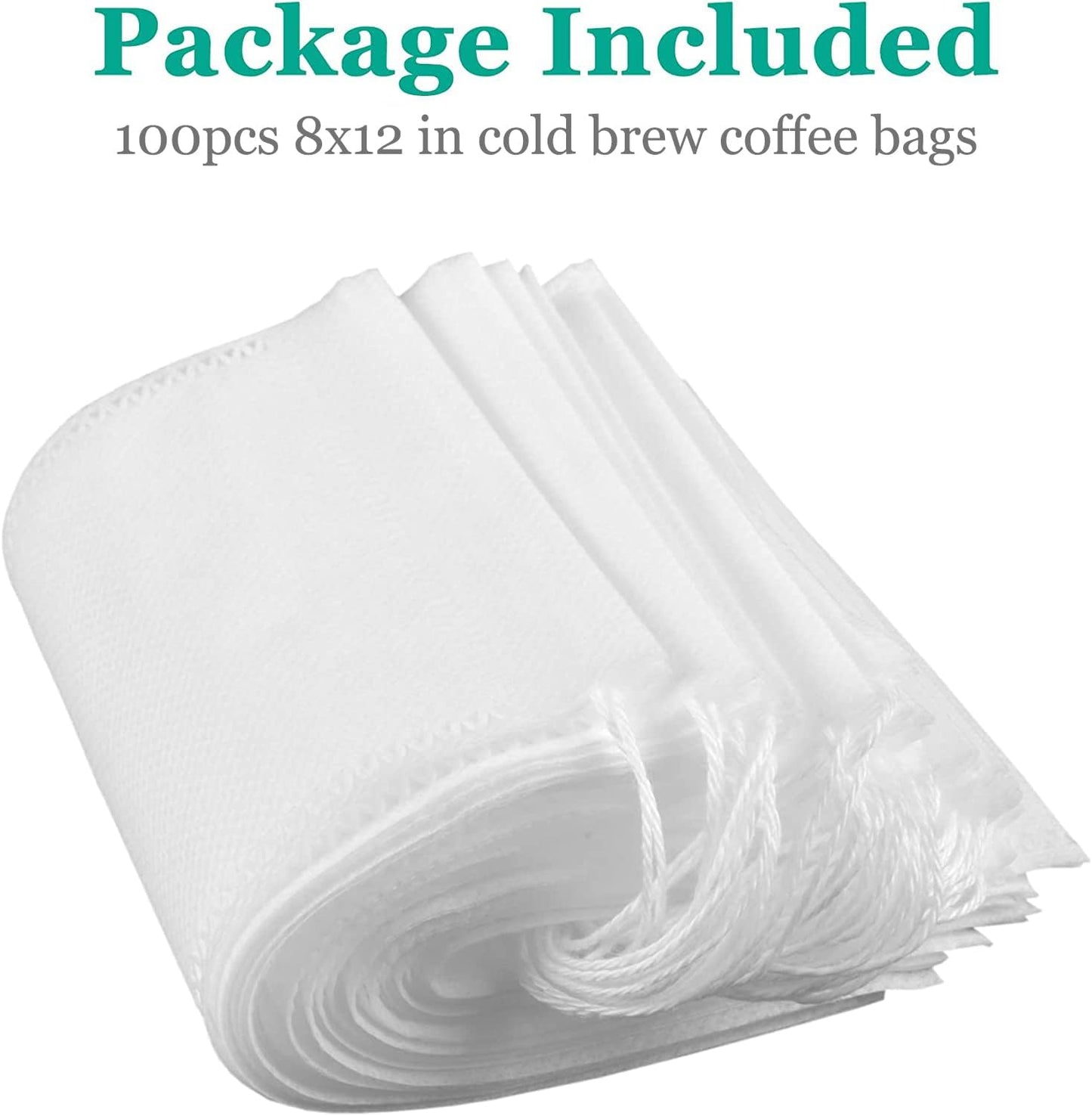 Yzurbu 100pcs 8''x12'' Cold Brew Coffee Bags, No Mess Disposable Filter Bag with Drawstring for Coffee Grounds & Ice Tea