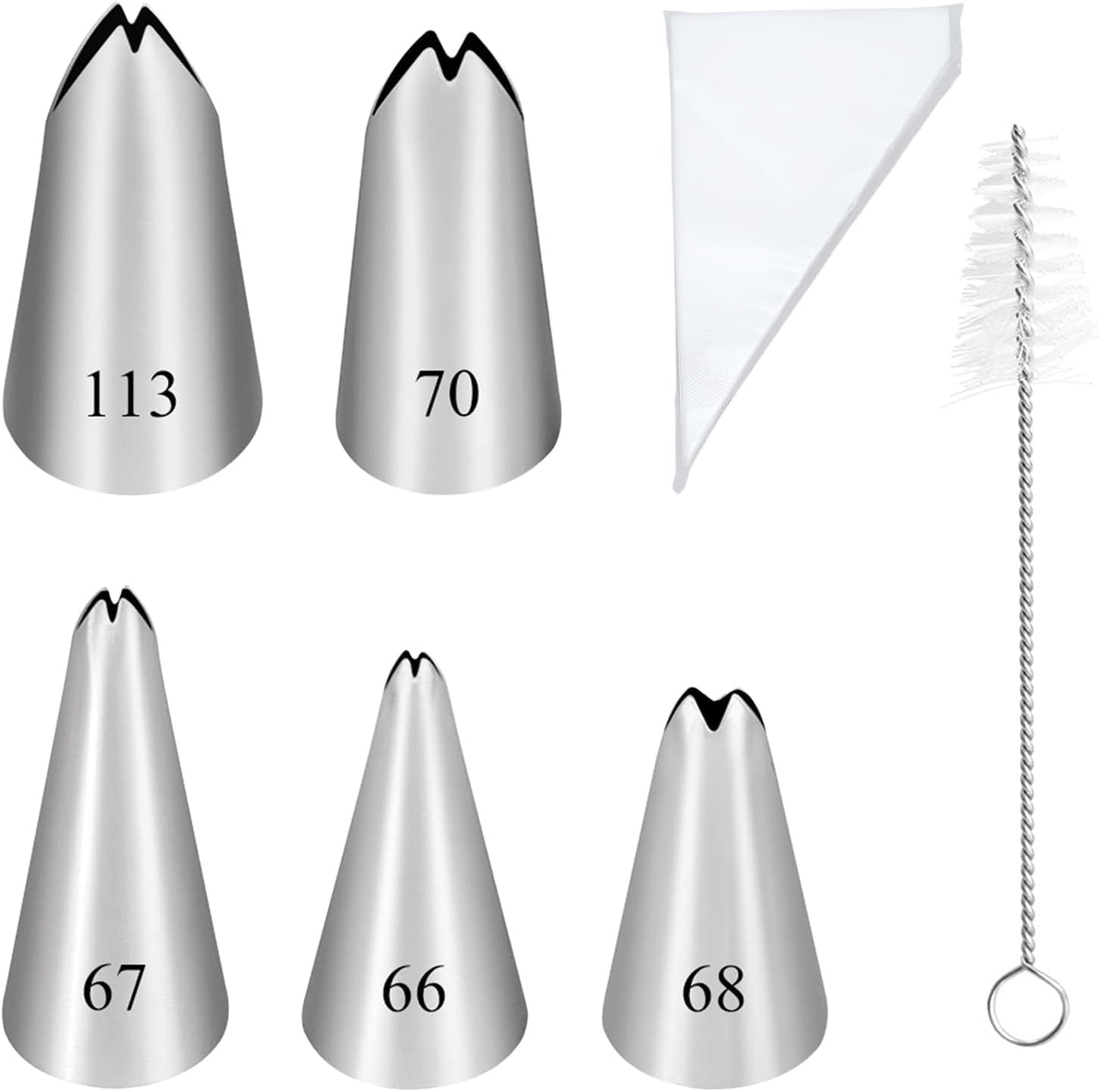 5PCS Piping Tips, Stainless Steel Cake Decorating Tips, Suitable for Pastry Fondant Cupcakes, with 50PCS Piping Bags, 1PCS Cleaning Brush