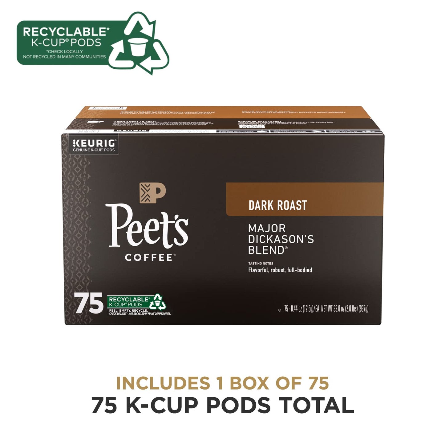 Peet's Coffee, Dark Roast Keurig K-Cup Pods - Major Dickason's Blend 75 Count (1 Box of 75 K-Cup Pods)