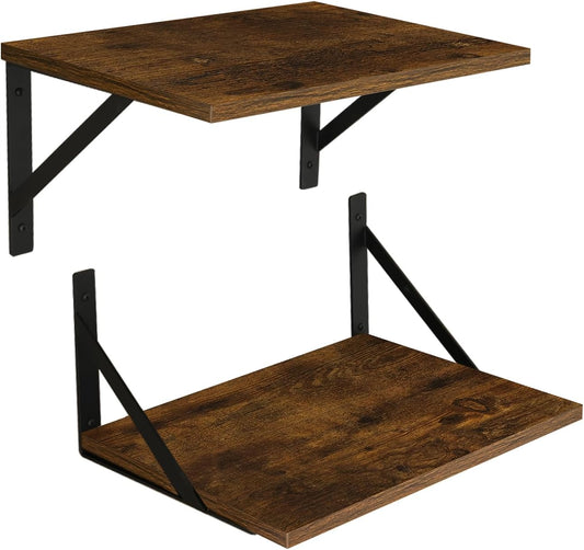 DINZI LVJ Deep Floating Shelves, 16"W x 12"D Wall Shelves Set of 2, Wide Display Shelf Wall Mounted with Brackets, Easy-to-Install Floating Bookshelf for Living Room, Bathroom, Bedroom, Rustic Brown