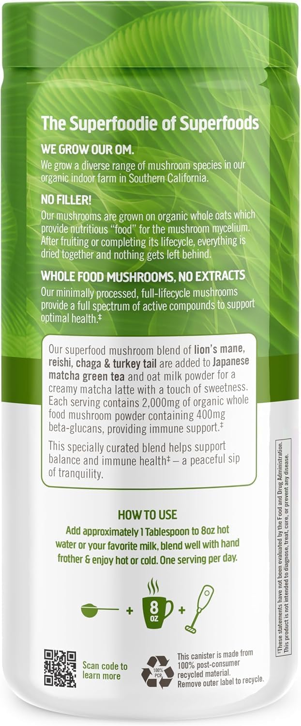 Om Mushroom Superfood Matcha Latte Blend Mushroom Powder, 8.47 Ounce Canister, 30 Servings, Green Tea, Lion's Mane, Reishi, Chaga, Turkey Tail, Focus & Stress Support Supplement