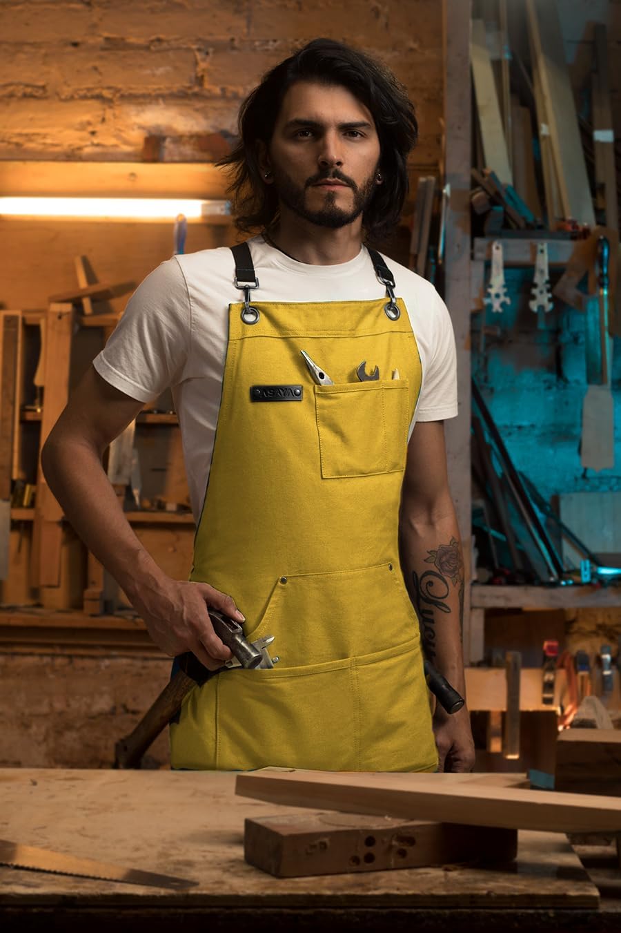 Asaya Chef and BBQ Apron with Bottle Opener and Hand Towel - 10oz Cotton Canvas, Stainless Steel Hardware - Cross Back Straps