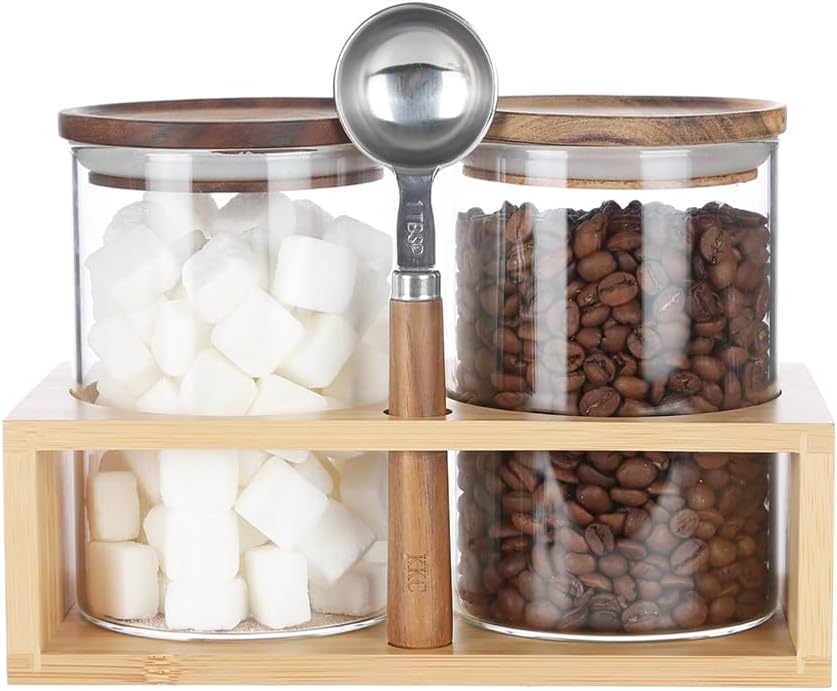 KKC HOME ACCENTS Clear Borosilicate Glass Glass Storage Jars with Airtight Wood Lids,Air Tight Sealed Wooden Top Glass Jars with Spoon for Coffee,Tea,Sugar, 25 OZ (750 ml)