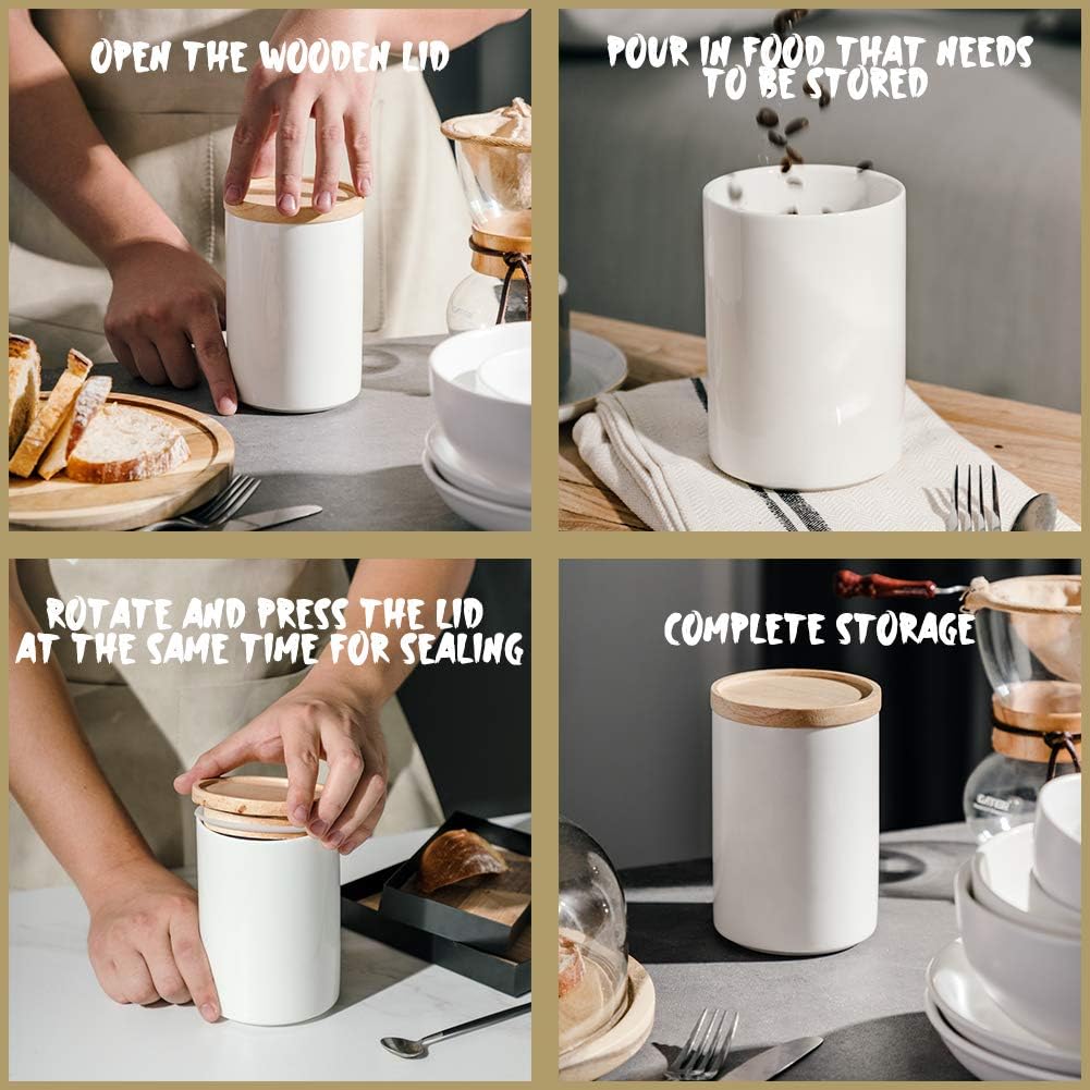 Sweejar Kitchen Canisters Ceramic Food Storage Jar, Stackable Containers with Airtight Seal Wooden Lid for Serving Coffee Bean, Flour, Tea, Cookies and More - 58 Fl Oz (White)