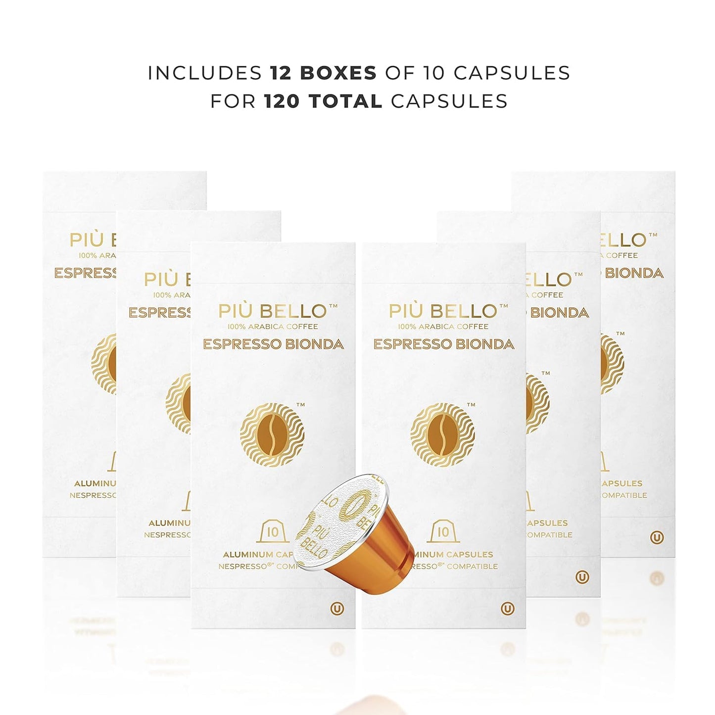 Piu Bello Coffee Pods - Nespresso Machine (Original) Compatible Capsules Pack - Rich & Balanced Taste - Strong Italian Espresso Flavored - Kosher Certified (120 Count Single Flavor) (Espresso Bionda)