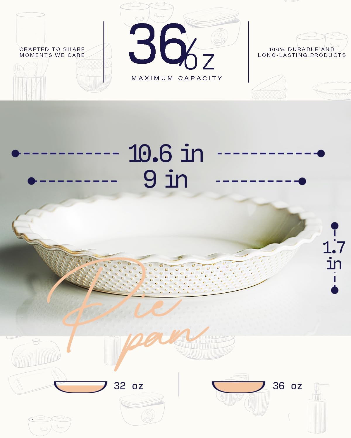 getstar Ceramic Pie Pan Set of 2, 9 inch Pie Dish for Baking, Non-Stick, Oven & Dishwasher Safe, Farmhouse Decor Quiche Baking Dish, Pie Plate, Deep Dish Pie Pan (Embossed Stripes+Dots)